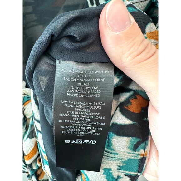 ANTHROPOLOGIE | Black Teal Boho Print Flutter Sleeve V-Neck Lace Trim Top |Small - Picture 8 of 9